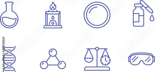 Set of science and laboratory line icons featuring DNA helix flask molecules scales and safety for medical research and biotechnology projects.