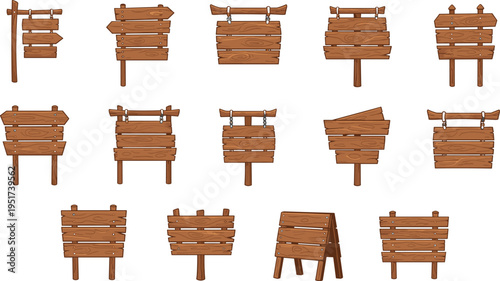 Set of rustic wooden signposts and bulletin boards featuring various shapes and textures for outdoor signage and informational displays.