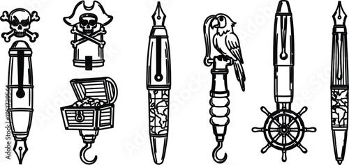 Piratethemed fountain pens and accessories with treasure chest parrot skull  illustration