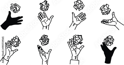 Hands throwing crumpled paper in various positions and angles freely  several postures shown