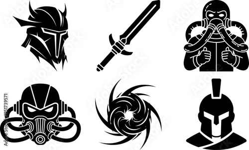 Collection of futuristic and ancient warrior icons isolated in creative design set