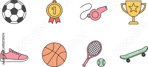 Set of sports and fitness equipment icons featuring soccer ball basketball tennis racket trophy medal and skateboard for athletic activity and competition.