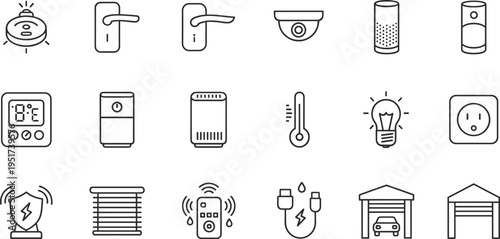 Smart home automation vector icon set featuring security camera smart lock thermostat lighting and intelligent house control devices for modern web technology.