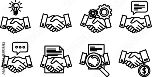 Set of business handshake icons with various symbols and objects  representing partnership and agreement
