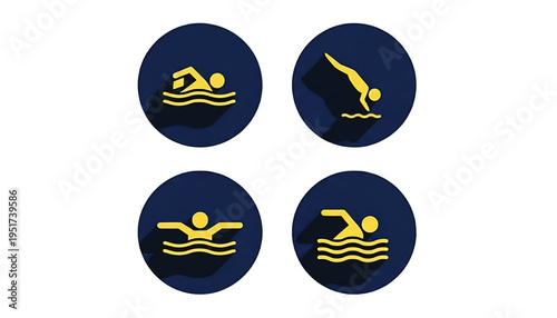Swimming icons set with yellow swimmers performing various strokes on a navy blue circular background