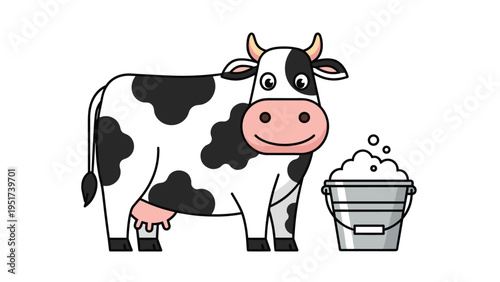 Cute black and white spotted cow standing next to a metal bucket filled with fresh milk and foam on a clean white background for dairy.