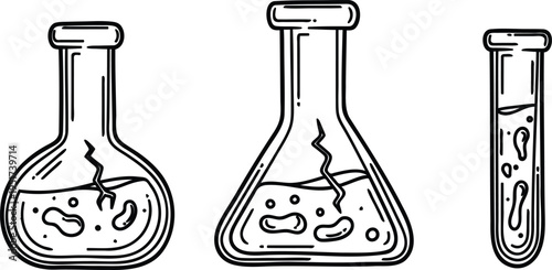 Three laboratory glassware containers with liquids inside isolated on transparent background