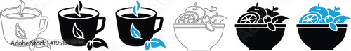 Modern Green Tea Cup and Fresh Organic Fruit Bowl Vector Icon Set for Healthy Lifestyle and Dieting