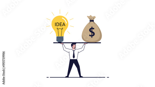 Strong businessman balances a large glowing idea lightbulb and a heavy bag of money on a long board to show value.