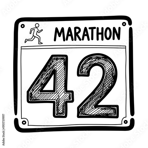 Hand drawn marathon race bib number 42 vector illustration running competition badge with runner icon sports event sketch style