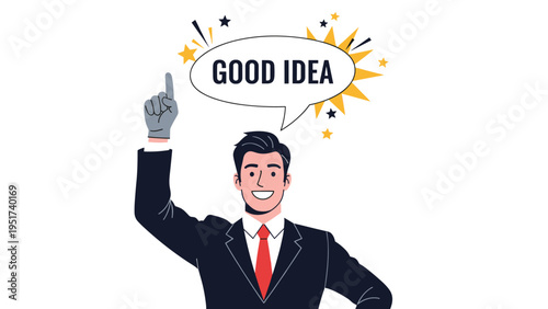 Confident businessman points his finger upward next to a speech bubble with good idea text and decorative stars.
