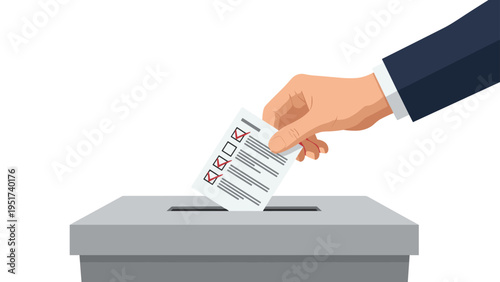 Human hand in a business suit places a marked ballot paper into a gray voting box to represent a democratic election.