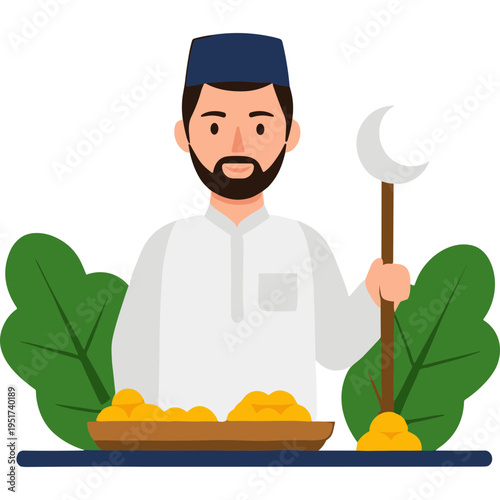 A man holding a sickle stands behind a tray of gold coins and green leaves.