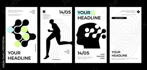 A collection of minimalist posters with geometric shapes, abstract portraits. Universal vector patterns are perfect for posters, labels and backgrounds, providing excellent readability of text.