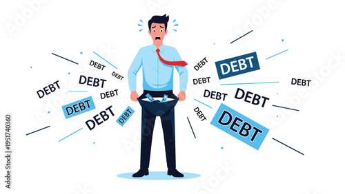 Worried businessman stands with his pockets pulled out showing they are empty while surrounded by debt labels.