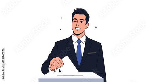 Professional businessman in a dark suit casting his vote into a white ballot box during a democratic election process.