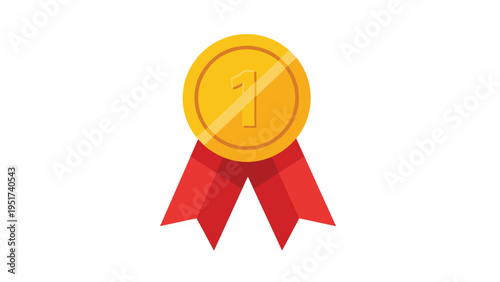 Golden medal with a red ribbon features the number one to signify first place achievement and success in a competitive event.