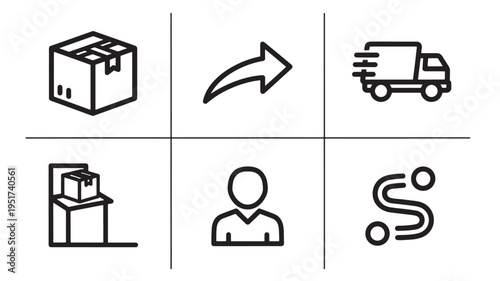 A set of line art icons depicting delivery and shipping concepts, including a package, truck, and person, useful for business, e-commerce, and logistics marketing materials.