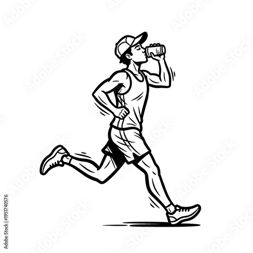 Hand drawn runner drinking water during run vector illustration athlete hydration concept jogging fitness training endurance sport sketch style