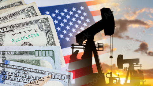 Oil industry finance, energy market investment. Pumpjack silhouettes operate at sunset with US flag and dollar banknotes symbolizing petroleum production revenue and economic strategy.