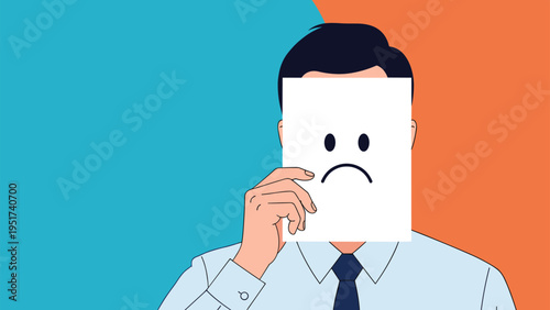 Business professional hides his true identity by holding a white paper with a sad face drawn on it against a two-tone background.