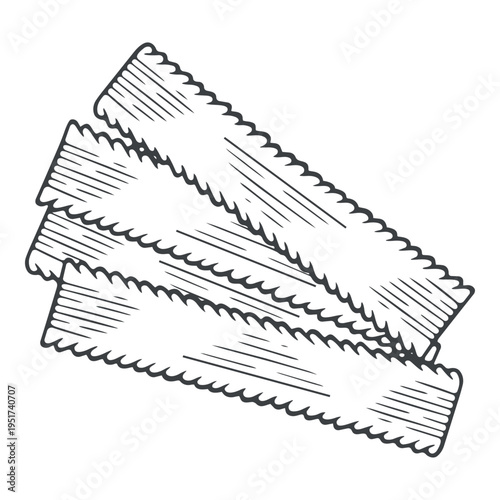 A stack of uncooked lasagna sheets, traditional italian cuisine, lines, hand-drawn, black and white, graphic illustration, engraving isolated