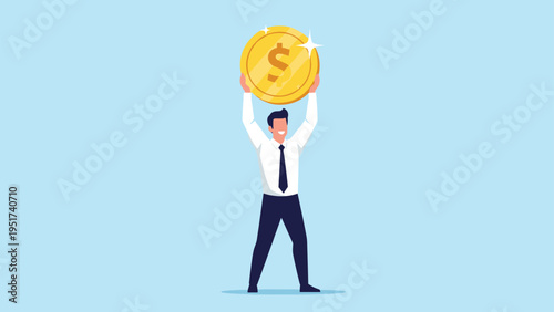 Successful young businessman holds a large shining gold coin above his head to symbolize prosperity and high financial earnings.