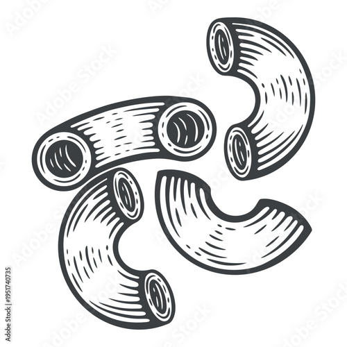 A heap of uncooked dry macaroni, italian food, lines, hand-drawn, black and white, graphic illustration, engraving isolated