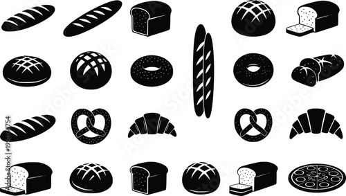 Bakery food silhouette icon set bread bagel pretzel pizza vector