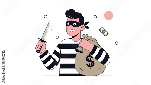 Dangerous burglar wearing a striped shirt and mask holds a sharp knife and carries a heavy bag of stolen cash from a robbery.