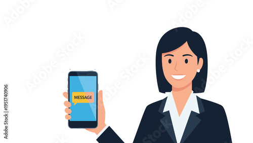 Smiling businesswoman in a dark suit displays a smartphone showing a new incoming message notification on the screen to the viewer.