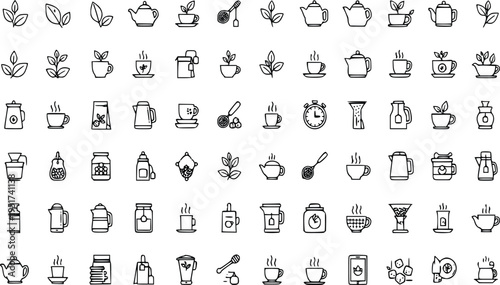 Minimalist tea icon set teapot cup leaves brewing vector collection