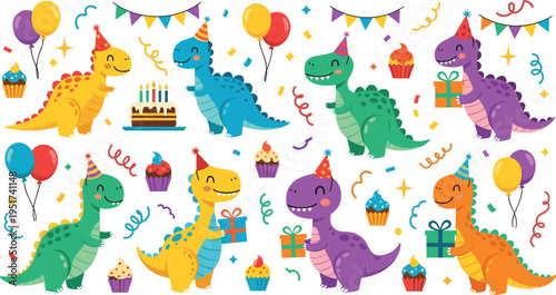 Cute cartoon dinosaurs celebrating birthday party with balloons gifts cupcakes and confetti vector illustration set for kids