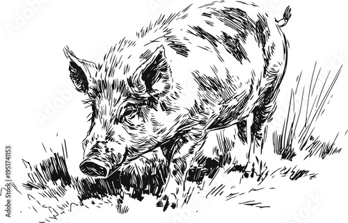 Wild boar detailed ink drawing in natural forest environment with grass and vegetation
