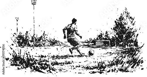 man playing soccer alone on a grassy field with trees and benches in the background