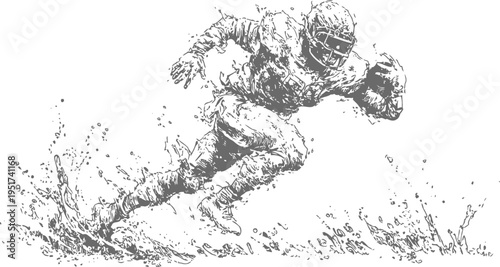 American football player running with ball in dynamic action pose, energy and determination concept