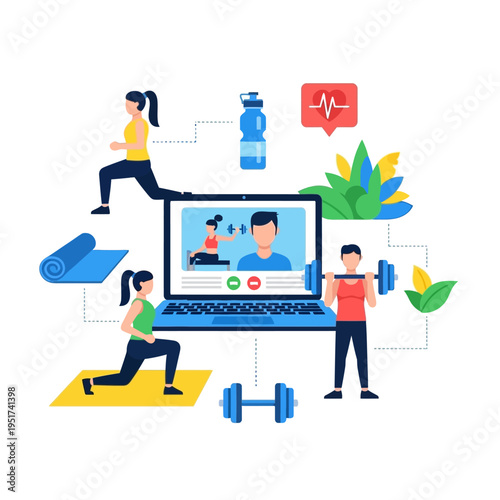 Online Fitness Coaching: People Exercising with Virtual Trainer on Laptop