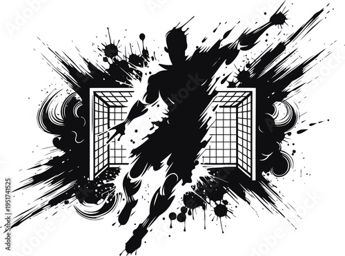 Dynamic soccer goalkeeper silhouette diving to save goal with splash ink effect background