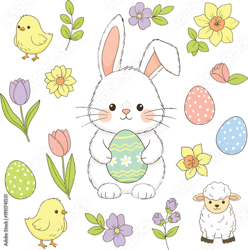 Whimsical Easter Illustration  White Bunny with Decorated Egg, Chicks, Lamb, and Spring Flowers in Pastel Colors