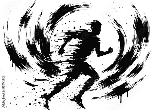 Dynamic silhouette of a runner in motion with abstract swirling energy effect