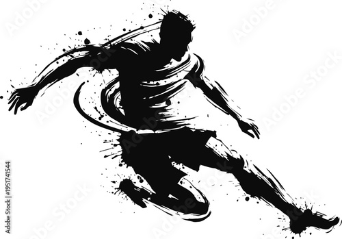 Dynamic soccer player silhouette kicking ball with motion splash ink brush stroke effect