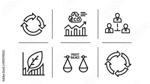 a set of line art icons representing eco friendly business concepts, including sustainability, profit balance, and recycling, for use in marketing, advertising, and educational materials