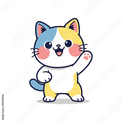 Cute Cartoon Cat Waving Hello, Kawaii Style, Isolated on White Background
