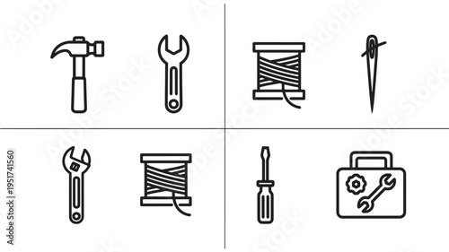 a collection of line art icons featuring various tools and equipment for repair and construction, including hammers, wrenches, screwdrivers, nails, and toolboxes, useful for DIY, maintenance