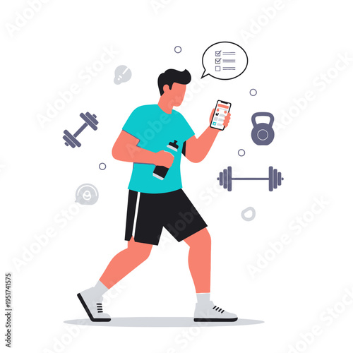 Man using fitness app on phone with dumbbells and kettlebell, healthy lifestyle concept