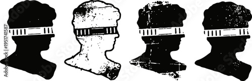 Vintage silhouettes of four female heads in profile with 19th century hairstyles and headbands