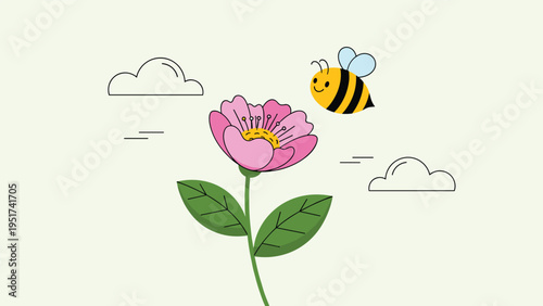 Adorable cartoon honey bee flying towards a bright pink flower under fluffy clouds in a cheerful and sunny outdoor spring illustration.