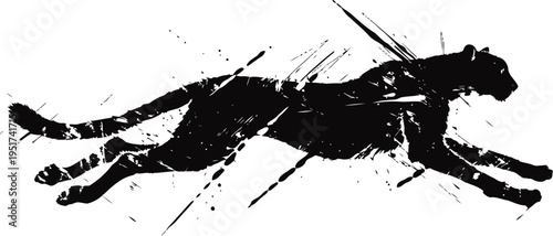 Dynamic silhouette of a running cheetah with abstract ink splash effect