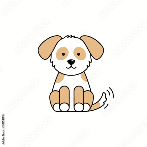 Cute cartoon dog sitting and wagging tail, isolated on white background.