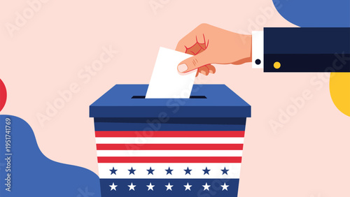 Close up of a hand placing a white paper ballot into a blue voting box decorated with the American flag stars and stripes.